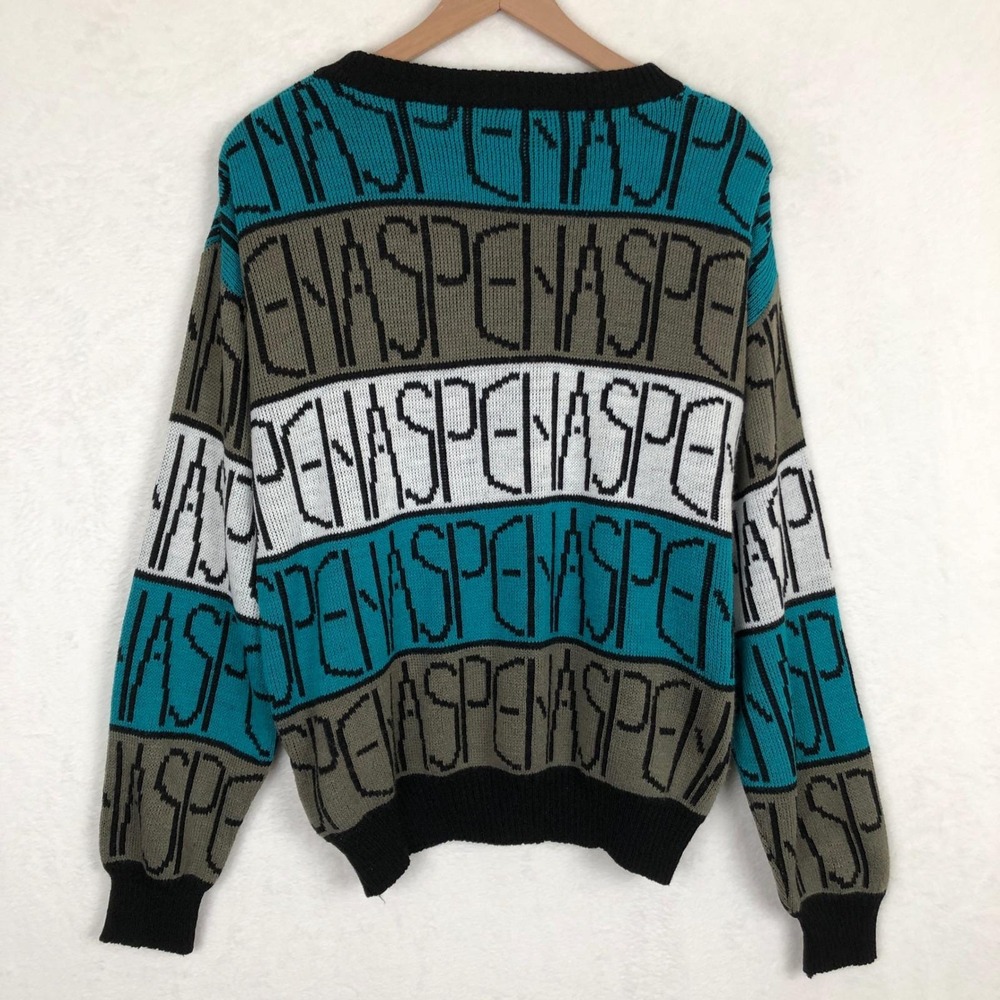 VTG 80s ASPEN Spellout Graphic Knit Sweater Unisex Sz M Teal Gray White Black - Picture 3 of 8